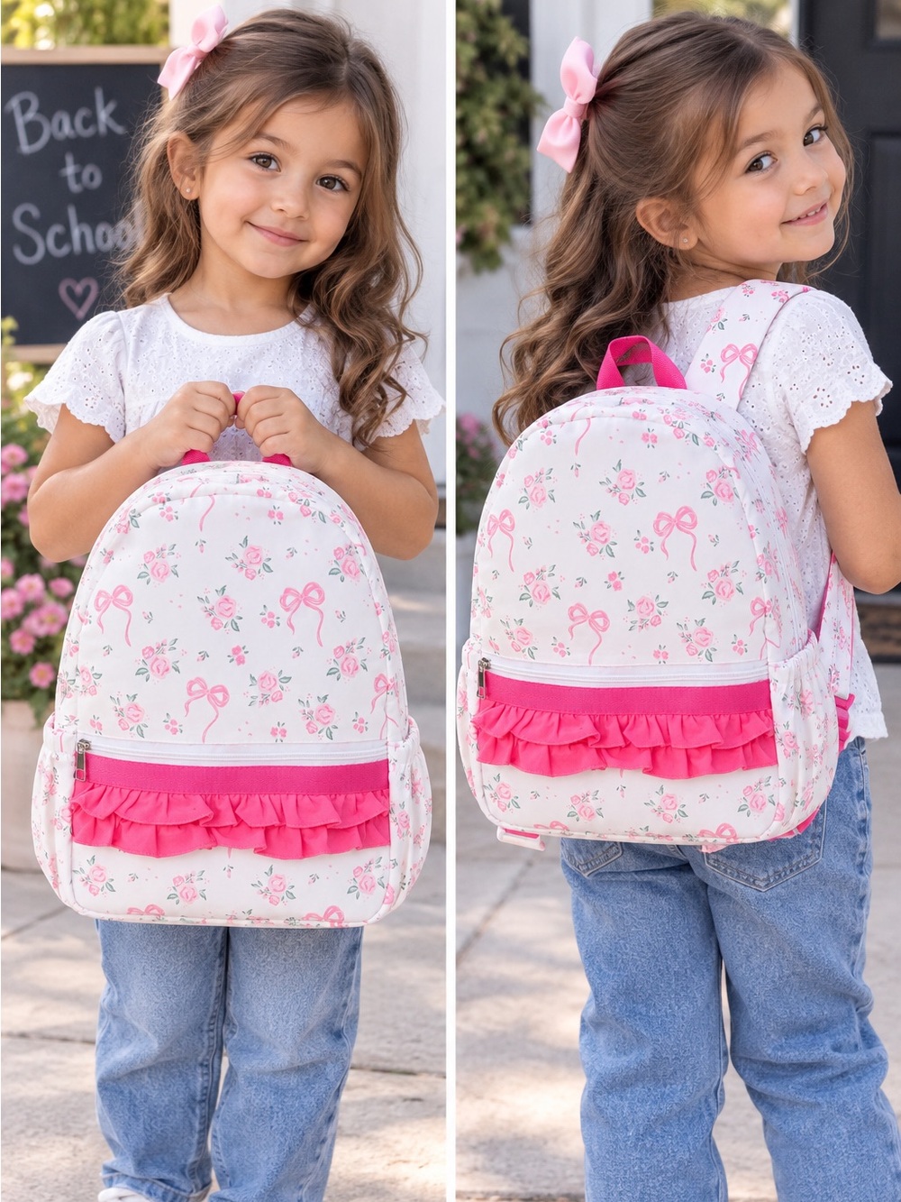 Rylee Faith Floral Bow Print Girls Backpack Ruffle Bag Back To School